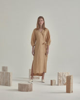 Collared Linen Shirt Dress With Waist Tie, Side Slits And Elbow-Length Sleeves